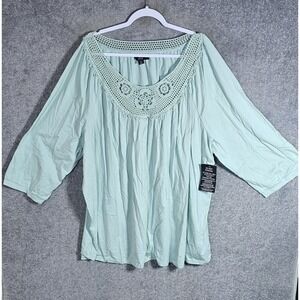 NWT Ellos Floral Lace Crochet Scoop Neck Top Womens Sz 3X Mint Green 3/4 Sleeve